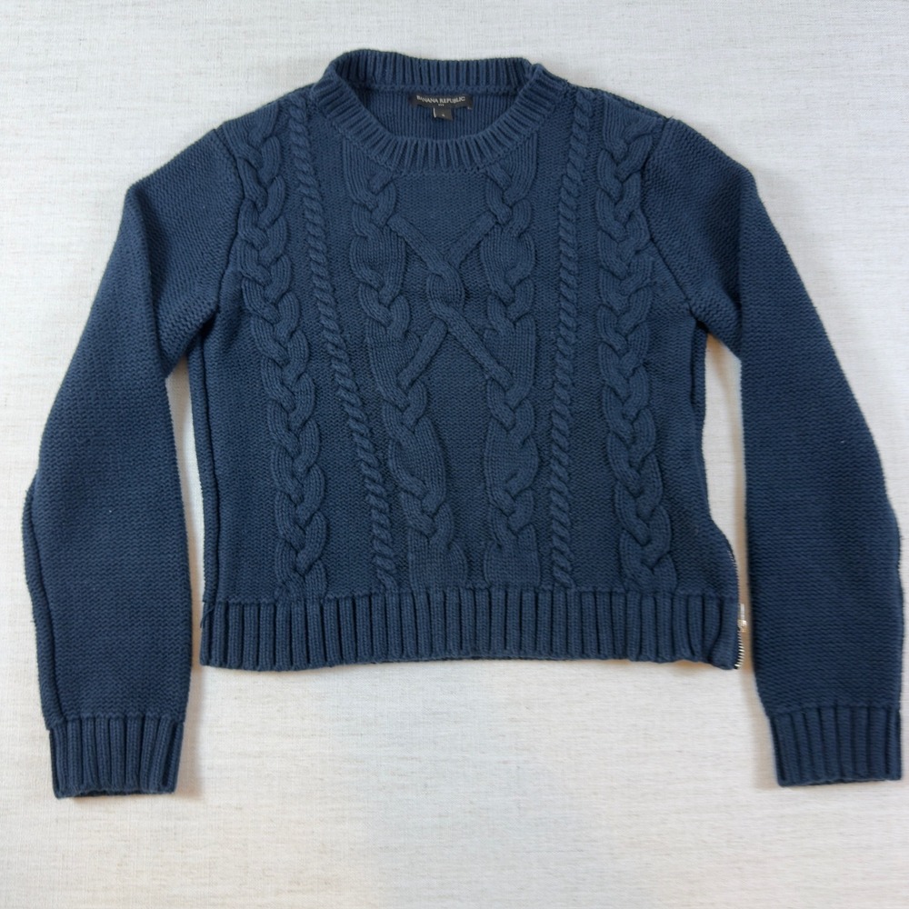 Banana Republic Navy Blue Cable Knit Cotton Crew Neck Sweater Side Zip Small